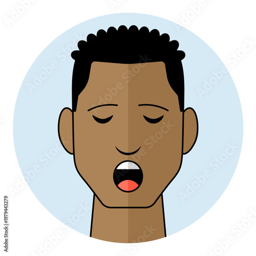 Black men flat avatar icon representing fatigue, boredom, burnout, or lack of sleep. Isolated head of a male character with black hair on a round background.