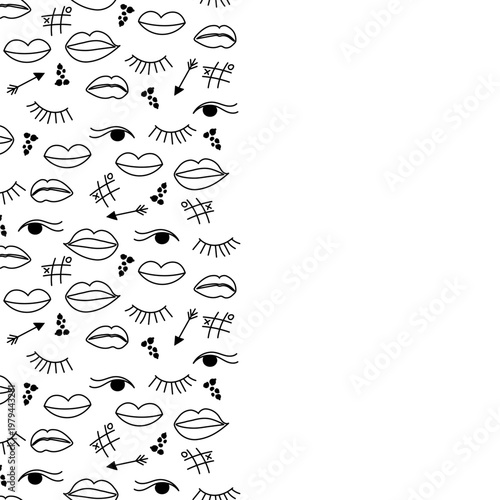 Makeup doodle pattern with lips, eyelashes, arrows and tic tac toe symbols arranged in vertical monochrome seamless layout isolated on white background.