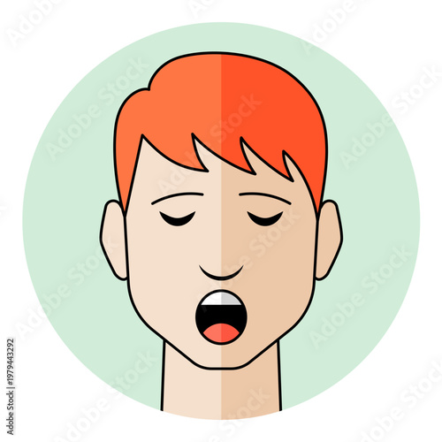 Men flat avatar icon representing fatigue, boredom, burnout, or lack of sleep. Isolated head of a male character with ginger hair on a round background.