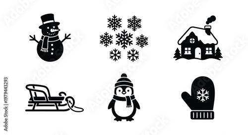 Winter icons set with snowman and penguin, black silhouette Christmas vector elements, 6 holiday symbols for seasonal design and cards