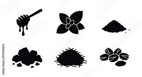 Black silhouette food ingredient icons, organic culinary elements including honey dipper and mint leaves, 6 vector symbols for cooking and recipes