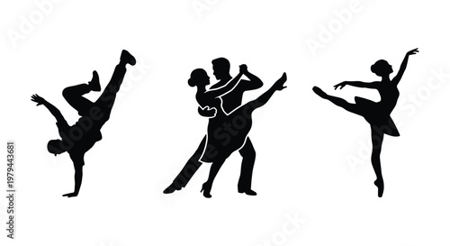 Dancing silhouettes set with breakdancer, ballroom couple and ballet dancer. Black vector icons of professional dancers in motion, performance art elements