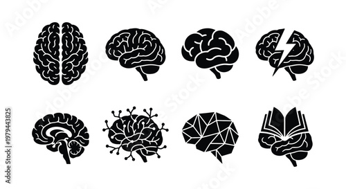 Human brain icon set with 8 black vector elements, mental health and neurology symbols, creative mind and artificial intelligence brain graphics