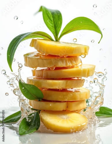 Sliced ginger root stacked with green leaves and water splashes. Fresh spicy ingredient for cooking and health drinks. Juicy yellow root texture and healthy properties.