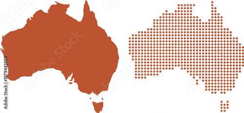 Australia continent is presented as a solid orange silhouette alongside a patterned version made of small dots.
