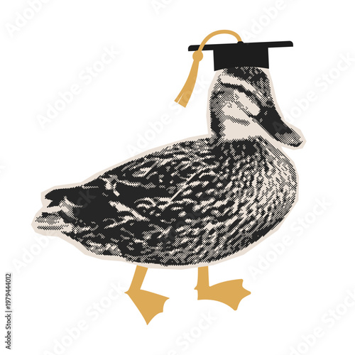 Collage Graduate Duck with academic cap isolated on white background. Goose animal Student. Graduation funny character vector illustration