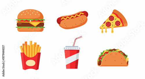 Delightful Array of Culinary Classics: A vibrant arrangement of culinary favorites, including a juicy burger, a savory hot dog, a cheesy pizza slice, crispy french fries, a refreshing beverage.