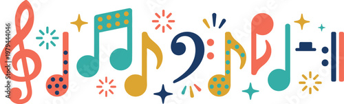 Musical notes arranged in a colorful horizontal sequence represent a creative composition of melodic elements.