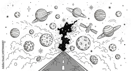 Cosmic road leading to unknown universe with planets and stars.
