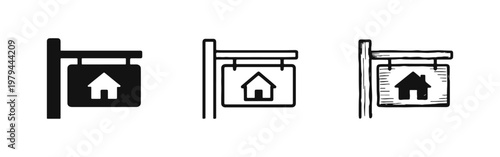 Real estate wooden signpost icon set featuring solid, outline and hand drawn sketch styles for property market