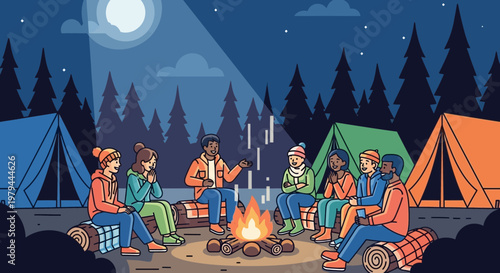 Camping, friends gathering, campfire, tents, outdoor adventure, nighttime scene