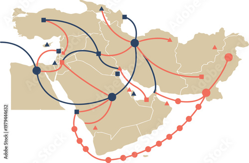 Map of the Middle East features interconnected lines and circular nodes to illustrate logistics and trade routes.