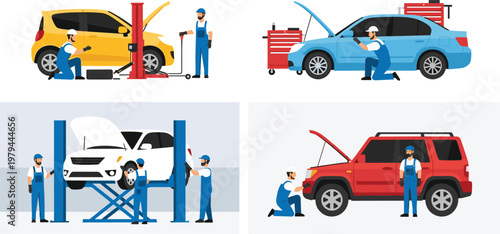 Car Repair and Maintenance Illustration Set with Mechanics Working on Vehicles in Garage Scenes Showing Inspection Service and Auto Workshop Activities
