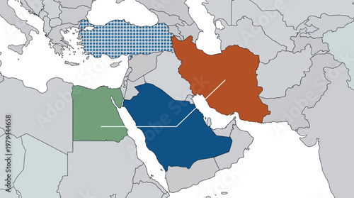 Middle East map highlights three specific nations with distinct colors to represent geopolitical and economic alliances.
