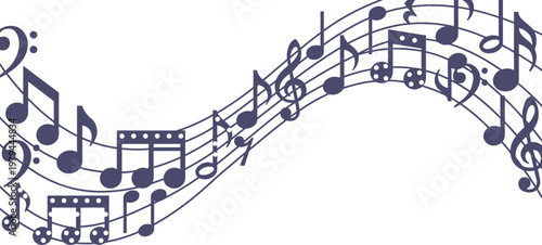Musical notes flow along a curved staff to create an elegant representation of melody and rhythmic movement.