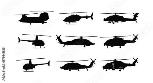 Military and civilian helicopter silhouettes, set of 9 aircraft vector icons, black aviation transport shapes for tactical and rescue graphics