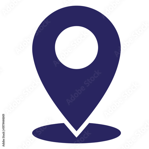 Dark blue map pin with a circular hole in the center and a detached oval shadow underneath, isolated on a white background