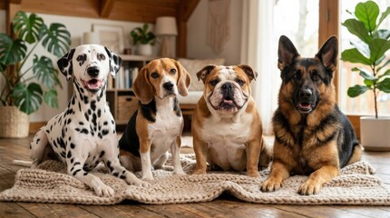 A diverse dog breed collection featuring Dalmatian, Beagle, Bulldog, and German Shepherd, expressive faces, soft fur detail, clean composition, warm playful pet atmosphere, ultra-realistic, no logos.