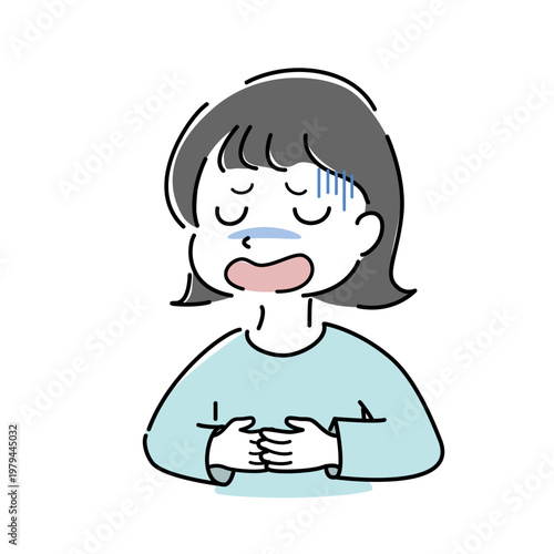 お腹を抱える苦しそうな女性 ストレス 憂鬱 不安 体調不良 シンプル イラスト 案内,説明,ポイント,解説 人物 ベクター/ stressed woman simple illustration sick stomach ache patient character vector