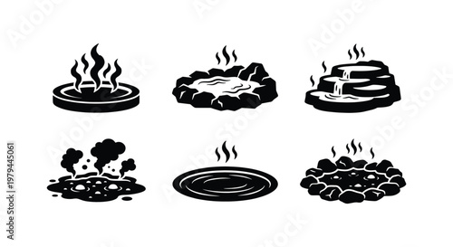 Hot spring icons set, black and white steaming thermal bath vector elements, volcanic geyser and natural mineral pool collection for spa and travel