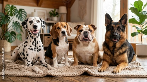 A diverse dog breed collection featuring Dalmatian, Beagle, Bulldog, and German Shepherd, expressive faces, soft fur detail, clean composition, warm playful pet atmosphere, ultra-realistic, no logos.