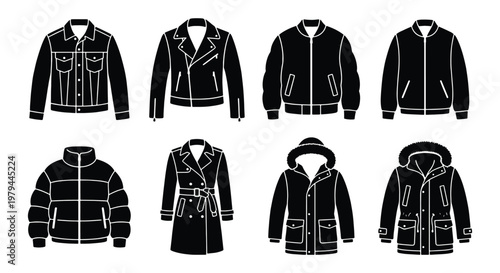 Outerwear jacket icon set, black silhouette winter coats and autumn apparel, 8 vector clothing elements for fashion retail and e-commerce
