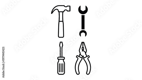 Tools Essentials: a set of tools presented in a simple, minimalist outline against a stark background, embodying the essence of functionality and precision in construction and repair.