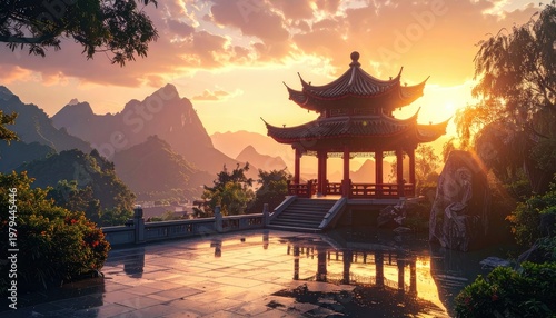 A traditional Chinese pavilion stands majestically overlooking a serene landscape bathed in the warm glow of a setting sun, creating a picturesque and tranquil scene.