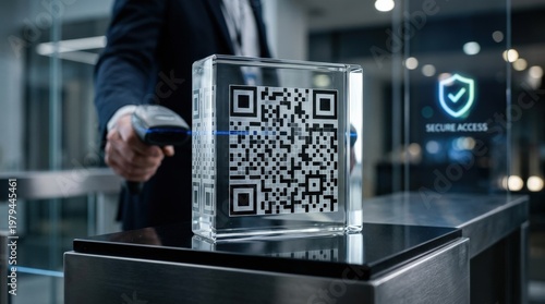 A crystal-clear QR code icon in polished glass, precise grid detail and a secure modern scanning atmosphere, ultra-realistic, no logos.