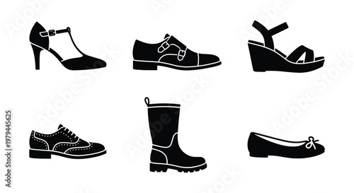 Black footwear icons set, fashion shoe silhouettes, 6 vector footwear styles