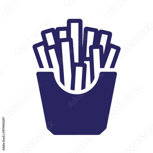 Dark blue of a portion of french fries in a paper carton, isolated on a white background, flat symbol of fast food snack