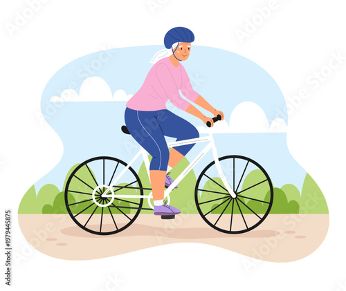 Active senior woman riding a bicycle on a park path. Elderly person in a helmet cycling outdoors. Healthy lifestyle, retirement, and aging concept isolated on white.