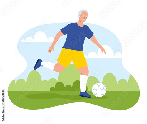 Active senior man playing football on a grass field. Elderly person in a sports uniform kicking a ball. Healthy lifestyle, retirement, and aging concept isolated on white.