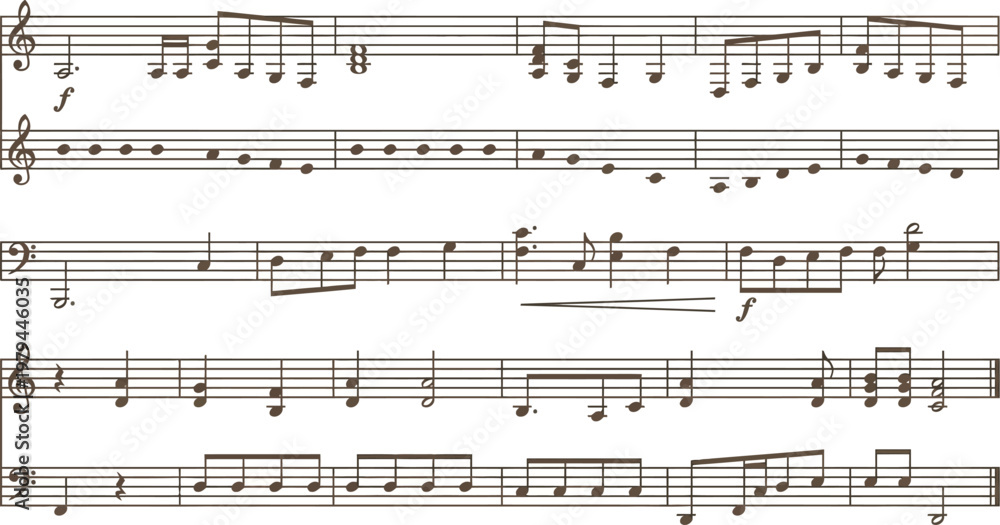 Naklejka premium Musical notes arranged on staff lines illustrate a complex classical composition for orchestral performance purposes.