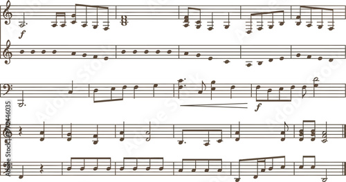 Musical notes arranged on staff lines illustrate a complex classical composition for orchestral performance purposes.
