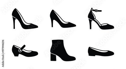 Black women's footwear icons, 6 fashion shoe silhouettes, elegant heel vector