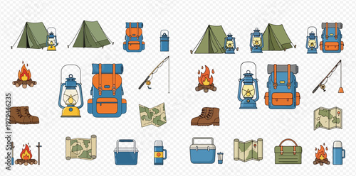 Collection of camping and outdoor adventure equipment illustrations, including tents, backpacks, lanterns, campfires, and maps.