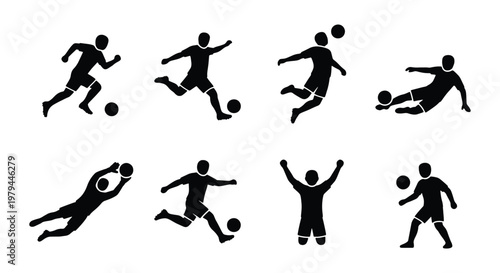 Soccer player silhouettes, 8 football athlete icons, black sports vector set