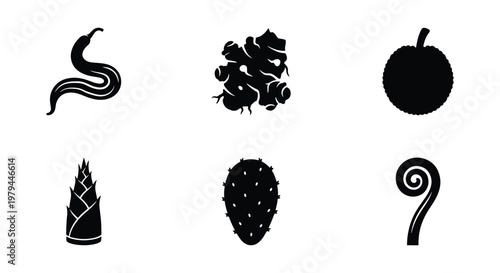 Exotic vegetable icons set, black silhouette food vector, organic plant elements