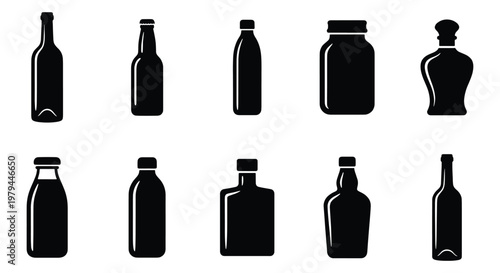 Black bottle icons set, 10 beverage container vectors, glass jar silhouettes