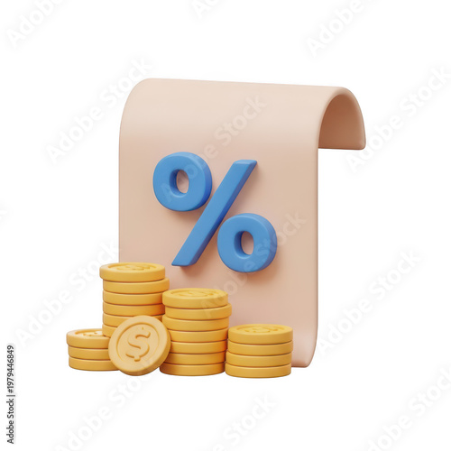 3D percentage symbol and stacked coins on a paper scroll with discount