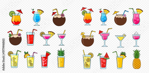 Colorful set of tropical summer cocktails and drinks with fruit garnishes, perfect for beach parties and vacations.