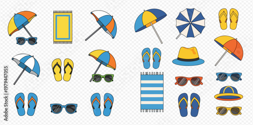 Collection of colorful beach accessories including umbrellas, flip-flops, towels, hats, and sunglasses for summer vacation.