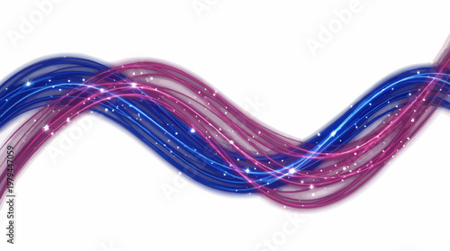 Vibrant blue and pink wavy lines intersect in a graphic design