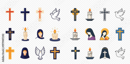 Collection of Christian religious icons including crosses, candles, doves, and figures of Mary.