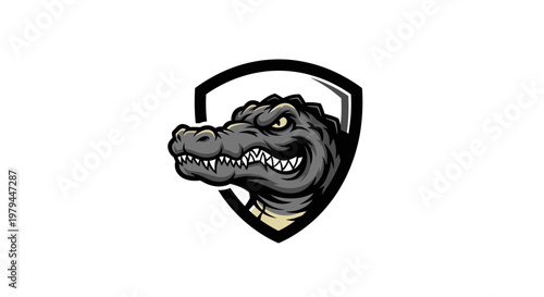 Fierce alligator head logo inside shield, aggressive reptile mascot, vector illustration