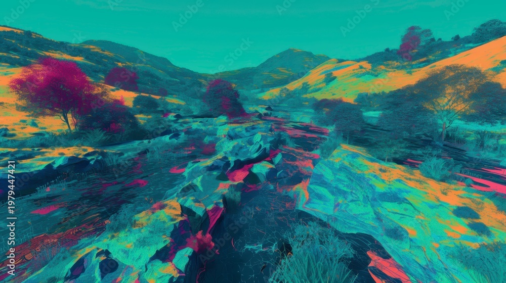 Fototapeta premium Vibrant Abstract Landscape with Flowing River and Colorful Trees