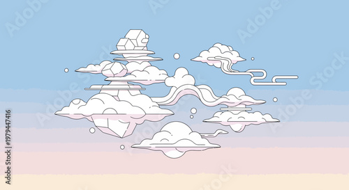Whimsical clouds, pastel sky background, vector illustration, dreamy landscape