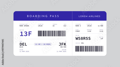 Airline boarding pass ticket design travel route details layout system. Airline boarding pass ticket template showing detailed flight information including route with passenger data seat number
