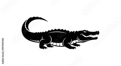 Silhouette of a fierce alligator with sharp teeth, isolated on white background.